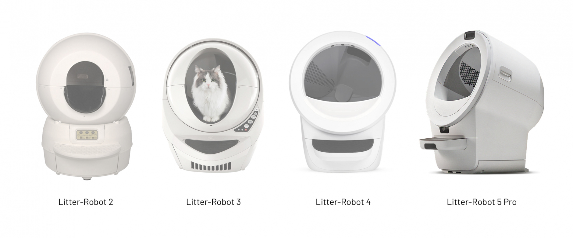 A lineup showing each generation of Litter-Robot